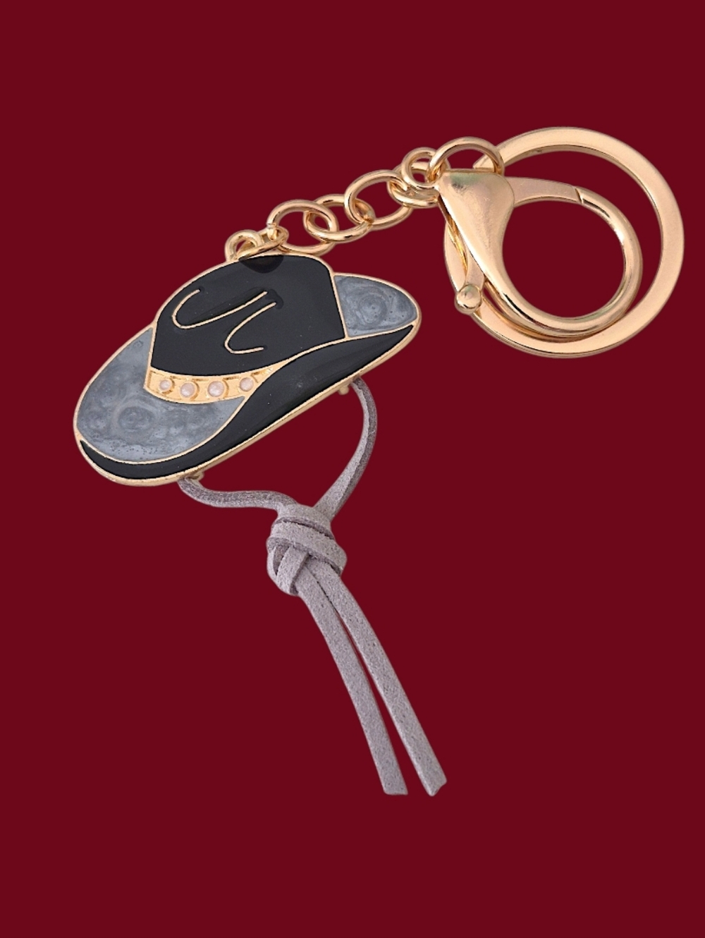 Western Cowboy Hat Bag Charm / Keychain with Gray Suede Tassel